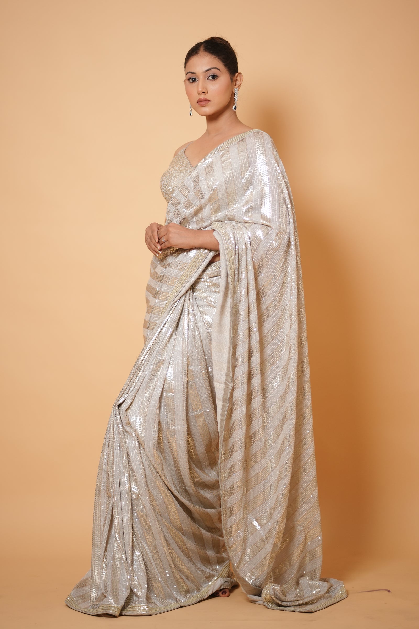 Off-White With Silver Diagonal Striped Sequin Embroidery Saree With Ready To Wear Blouse