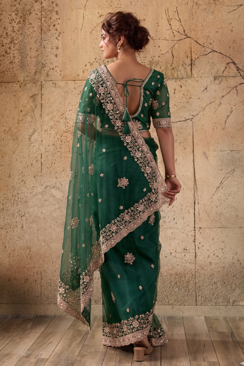 Emerald Green Net Saree with Hand Embroidery with Stitched Blouse