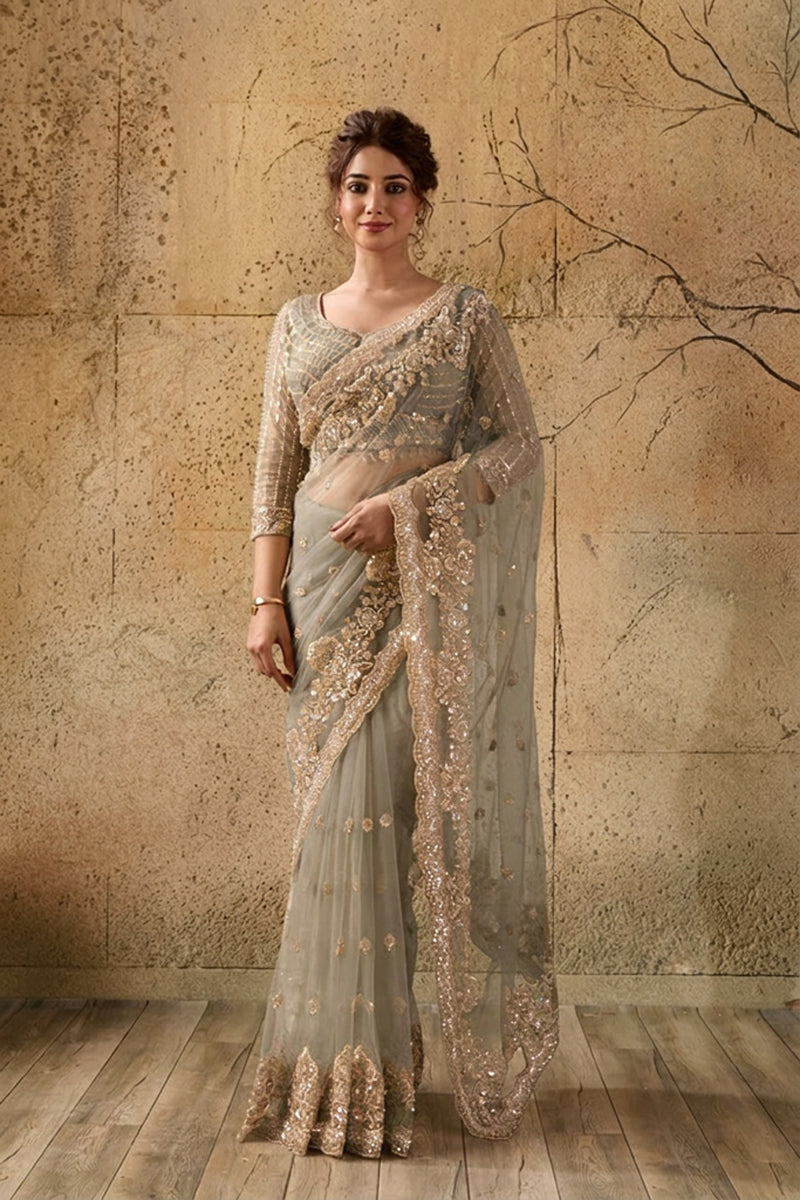 Dark Golden Net Saree With Sequin Hand Embroidery with Stitched Blouse