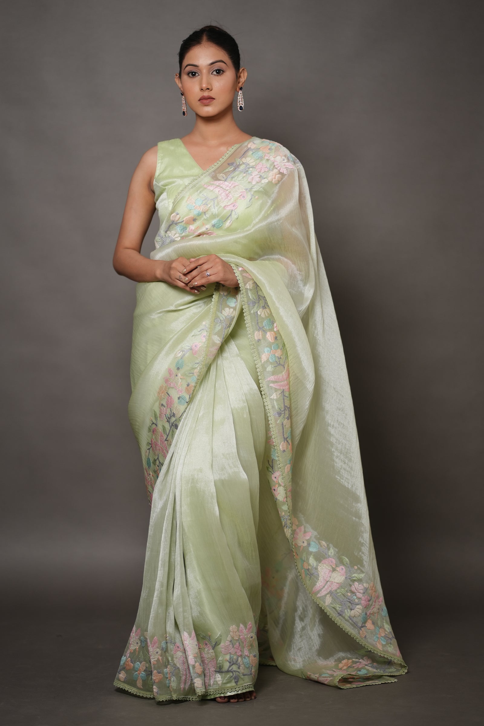 Pastel Green Organza Saree with Pastel Floral Thread Work