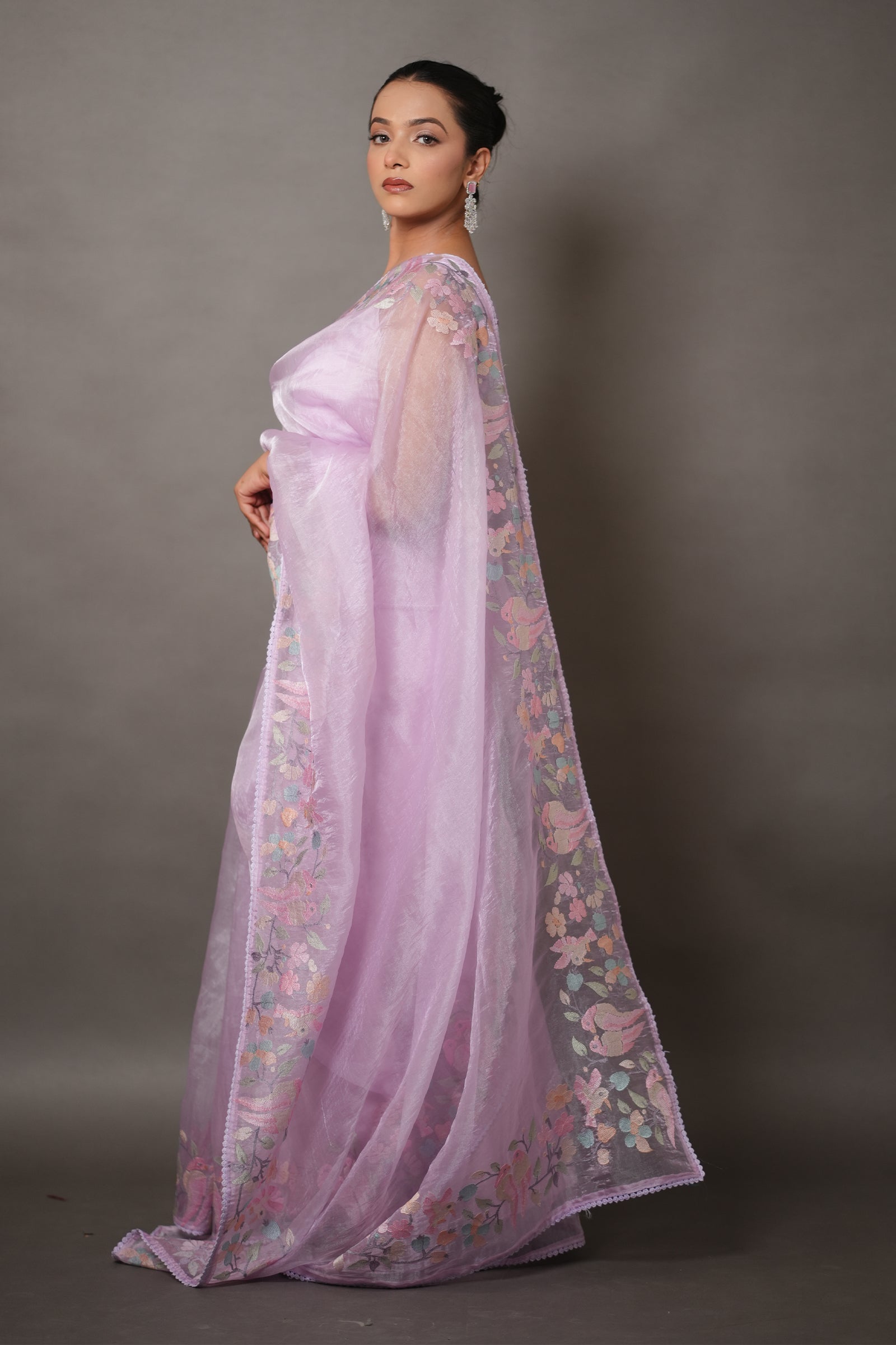 Lavendar Purple Organza Saree with Pastel Floral Thread Work