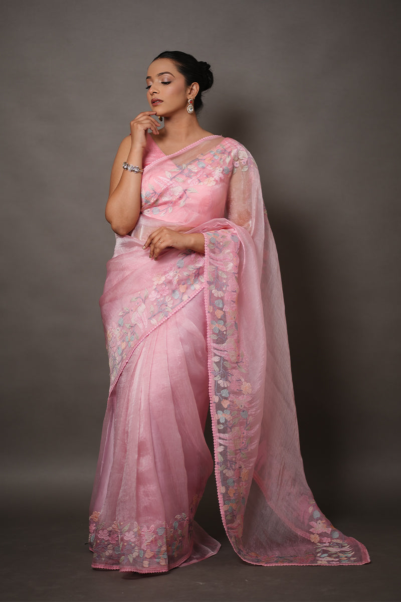 Soft Pink Organza Saree with Pastel Floral Thread Work
