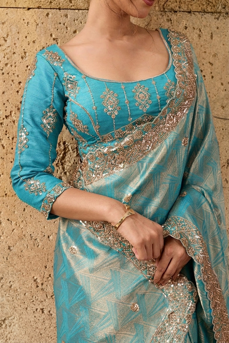 Sky Blue Organza Silk Saree with Zari Hand Embroidery with Stitched Blouse