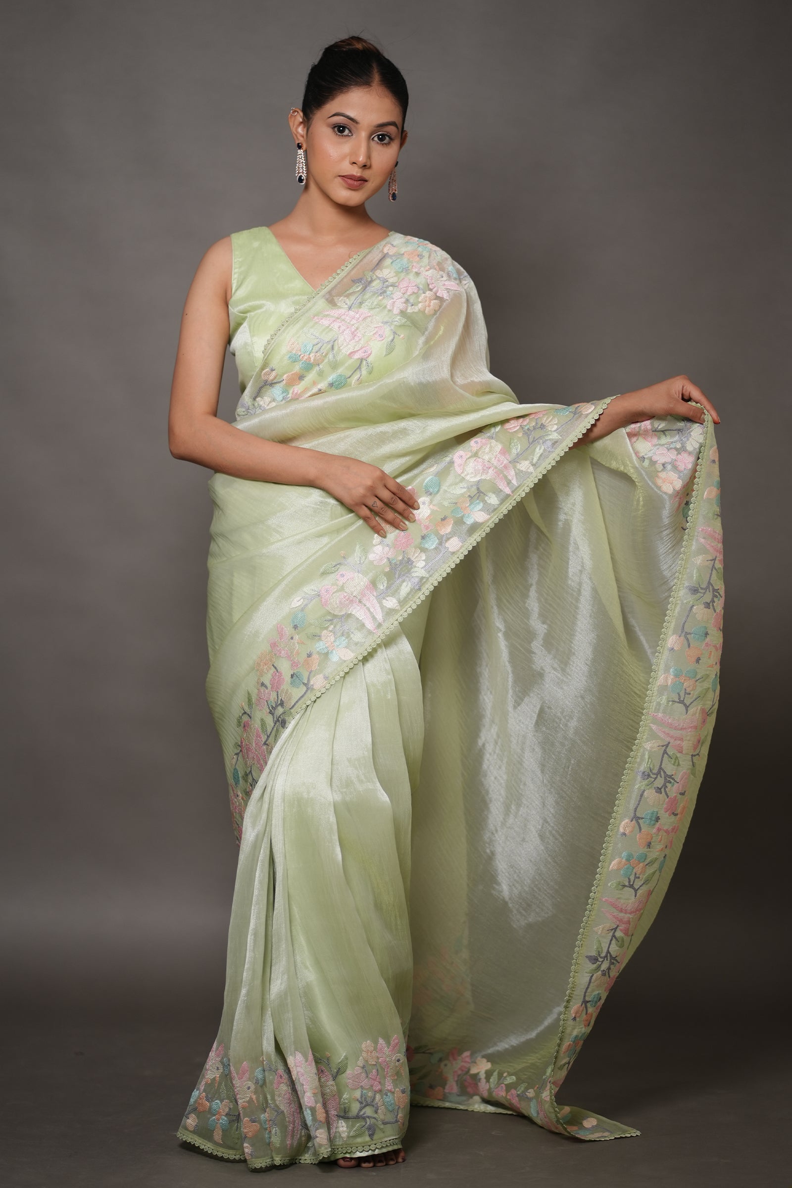 Pastel Green Organza Saree with Pastel Floral Thread Work