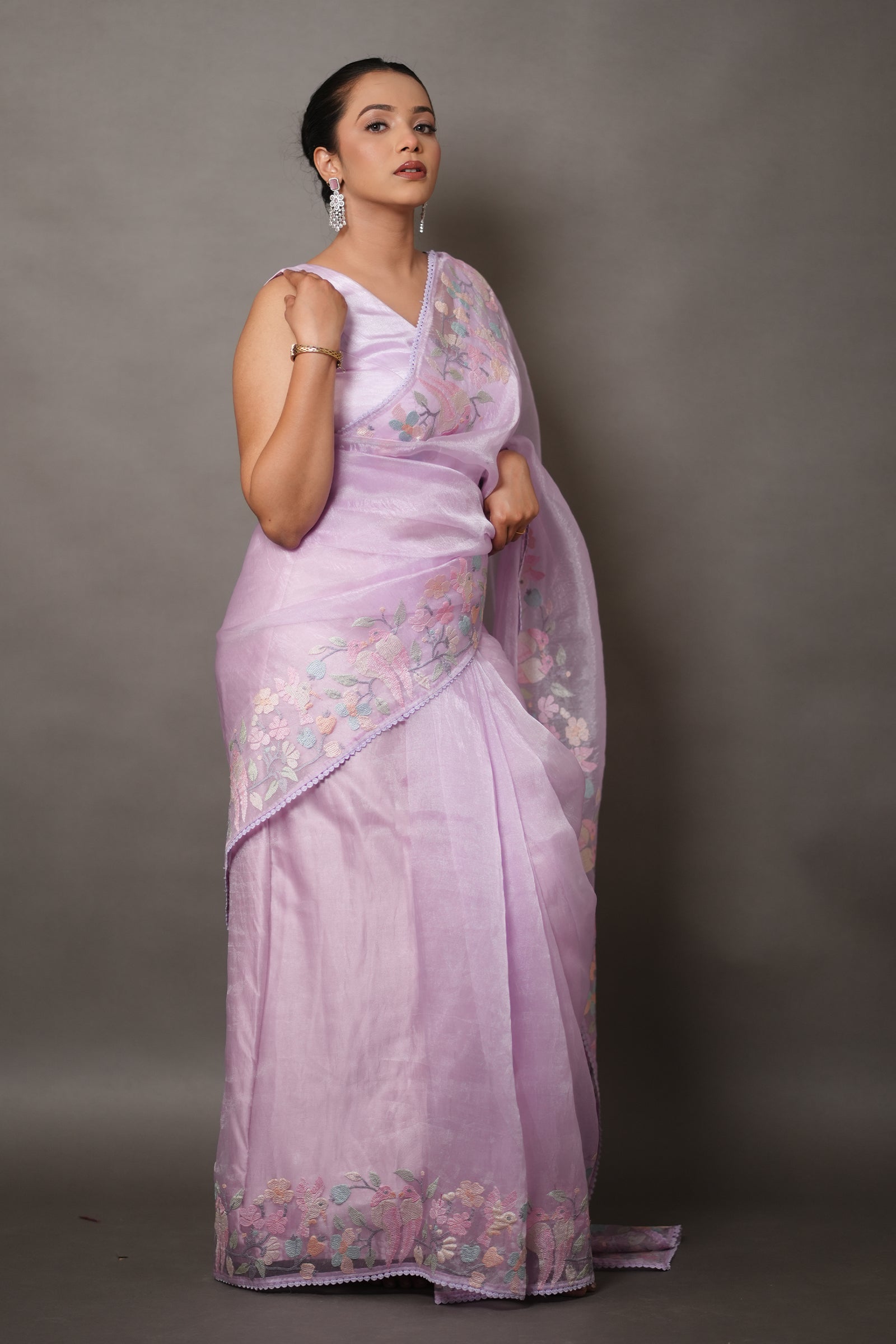Lavendar Purple Organza Saree with Pastel Floral Thread Work