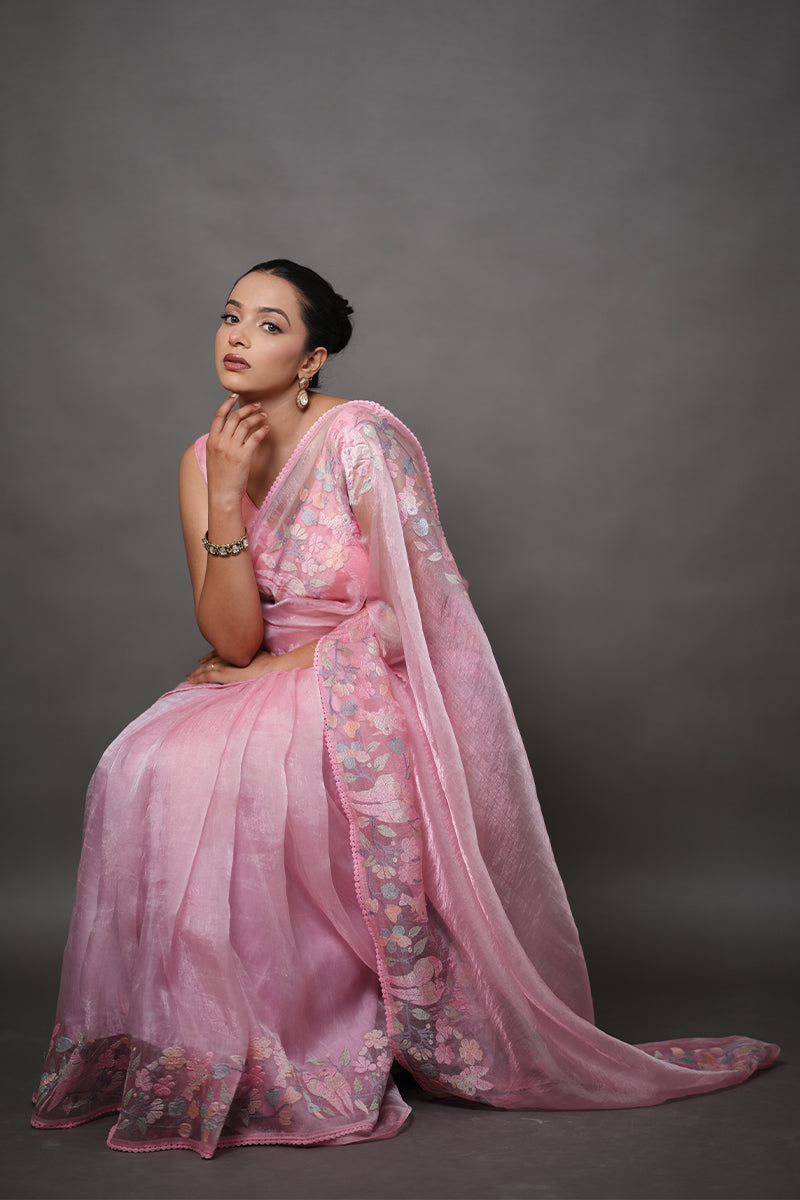 Soft Pink Organza Saree with Pastel Floral Thread Work