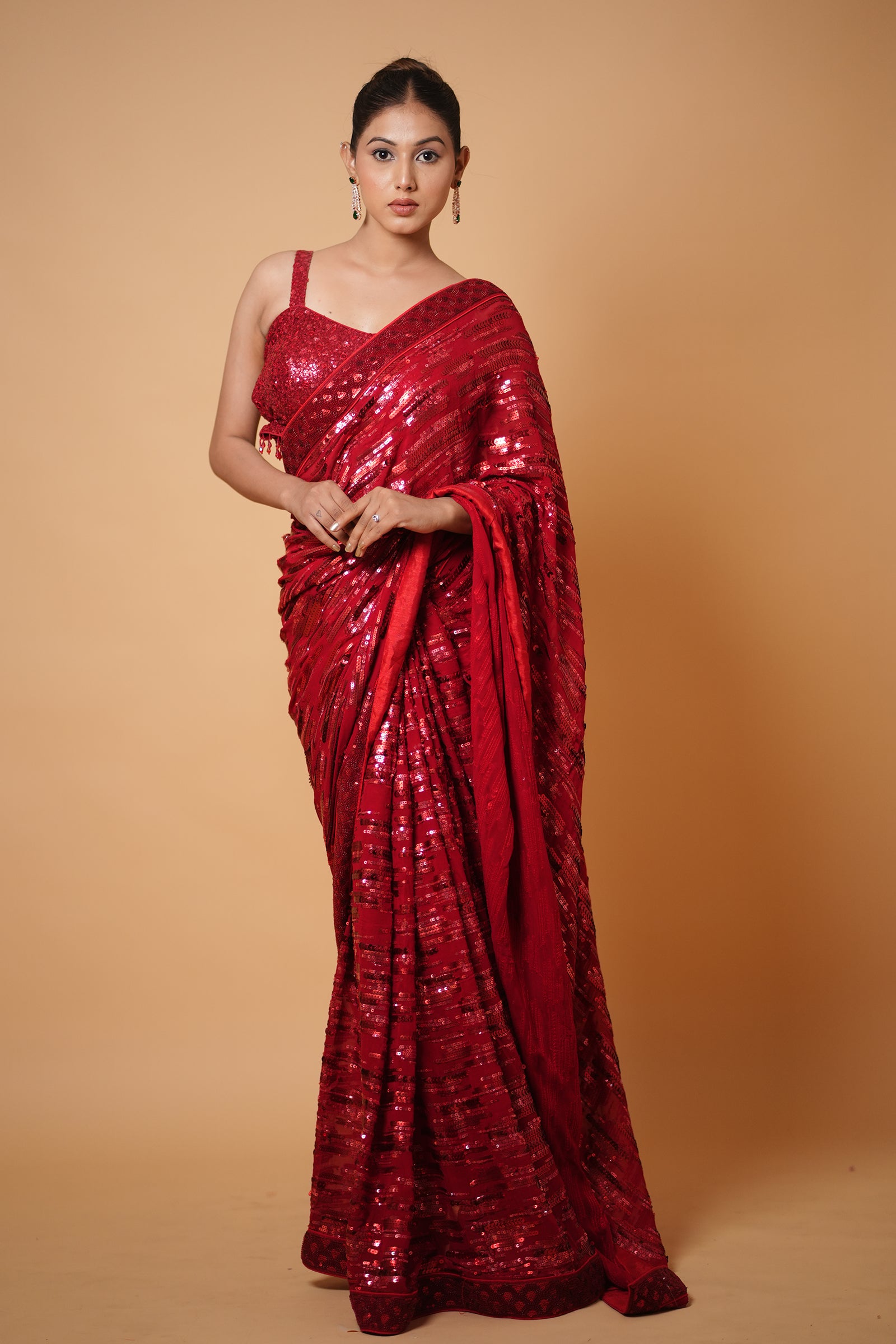 Hot Red Georgette Saree with All-Over Sequin Embroidery With Ready To Wear Blouse