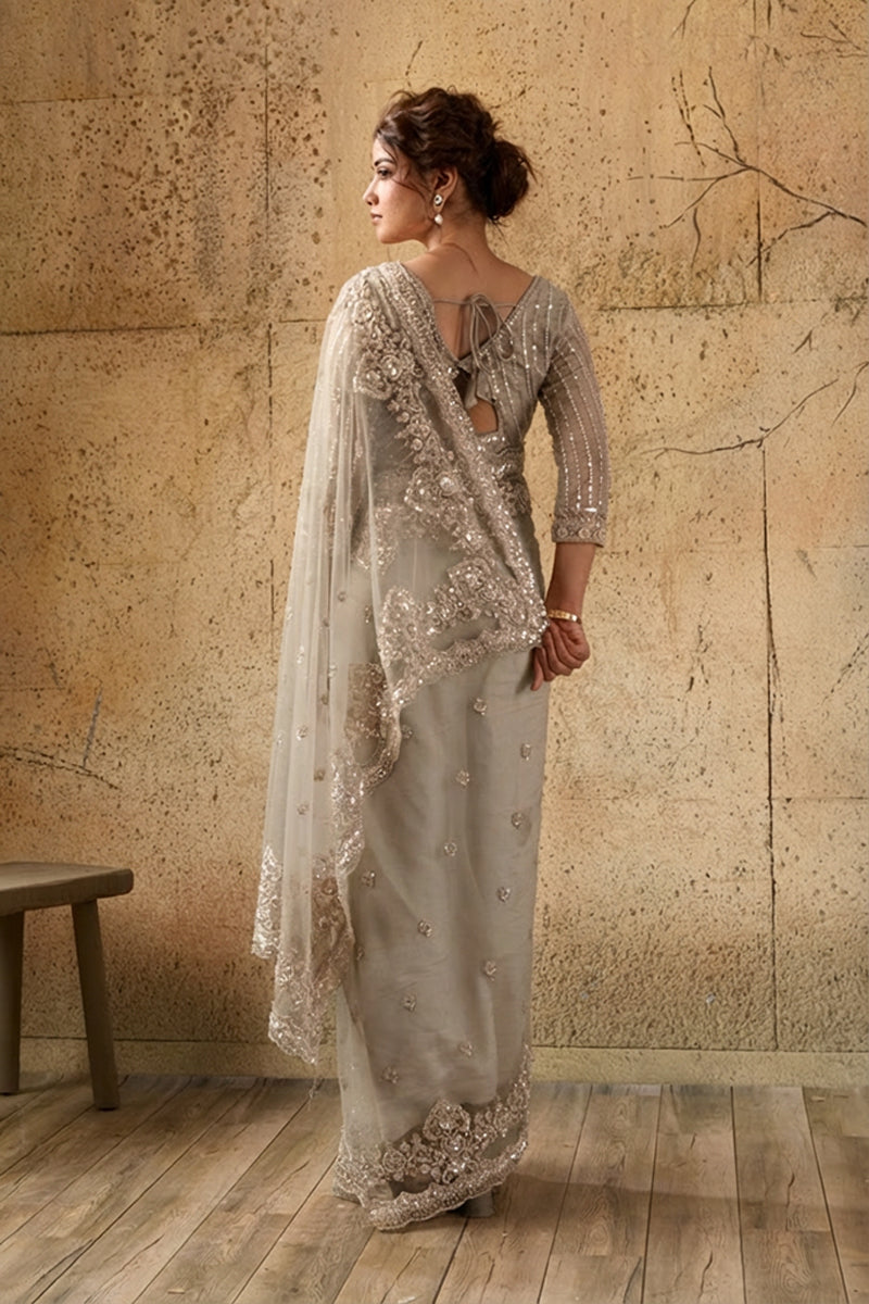 Dark Golden Net Saree With Sequin Hand Embroidery with Stitched Blouse