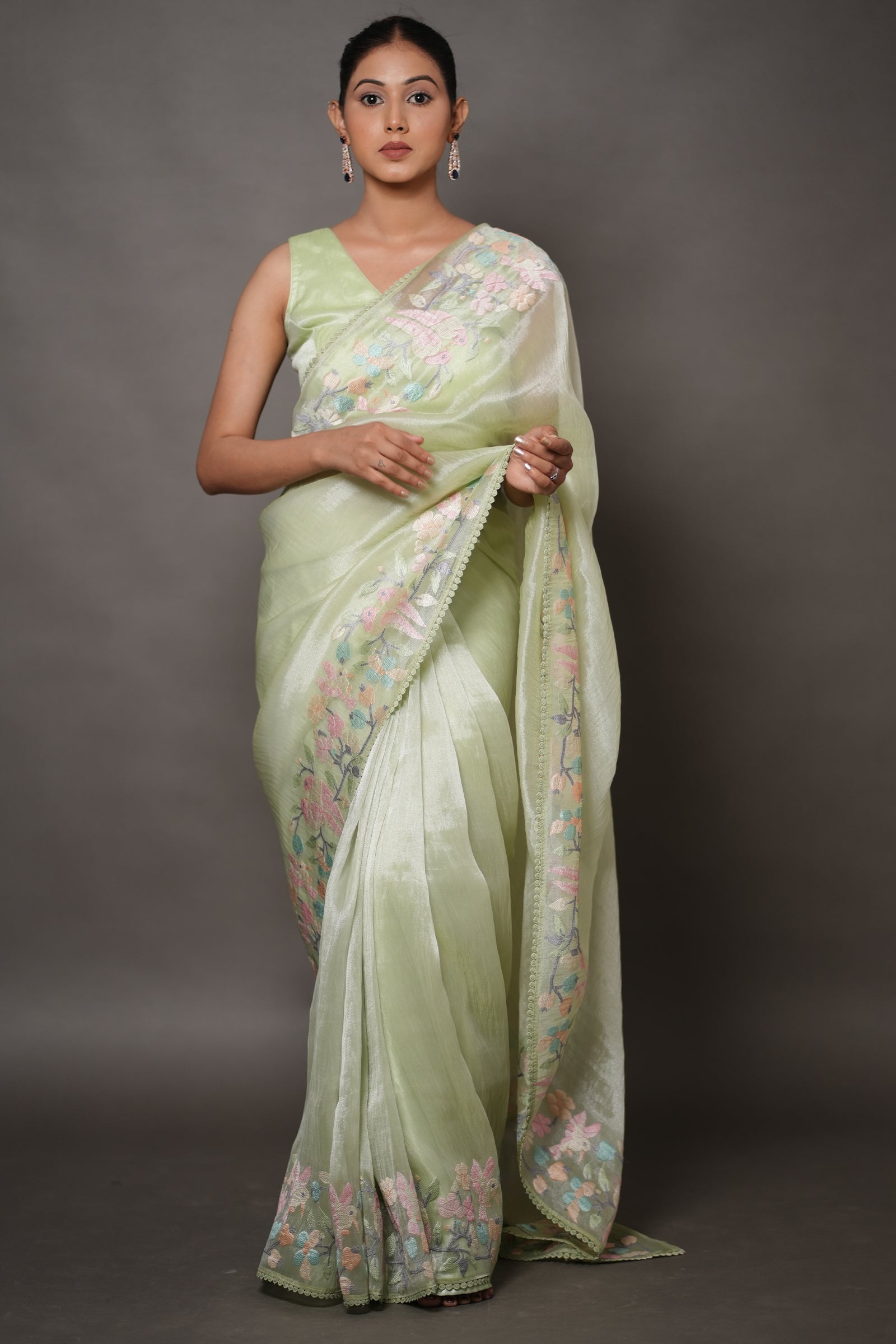 Pastel Green Organza Saree with Pastel Floral Thread Work