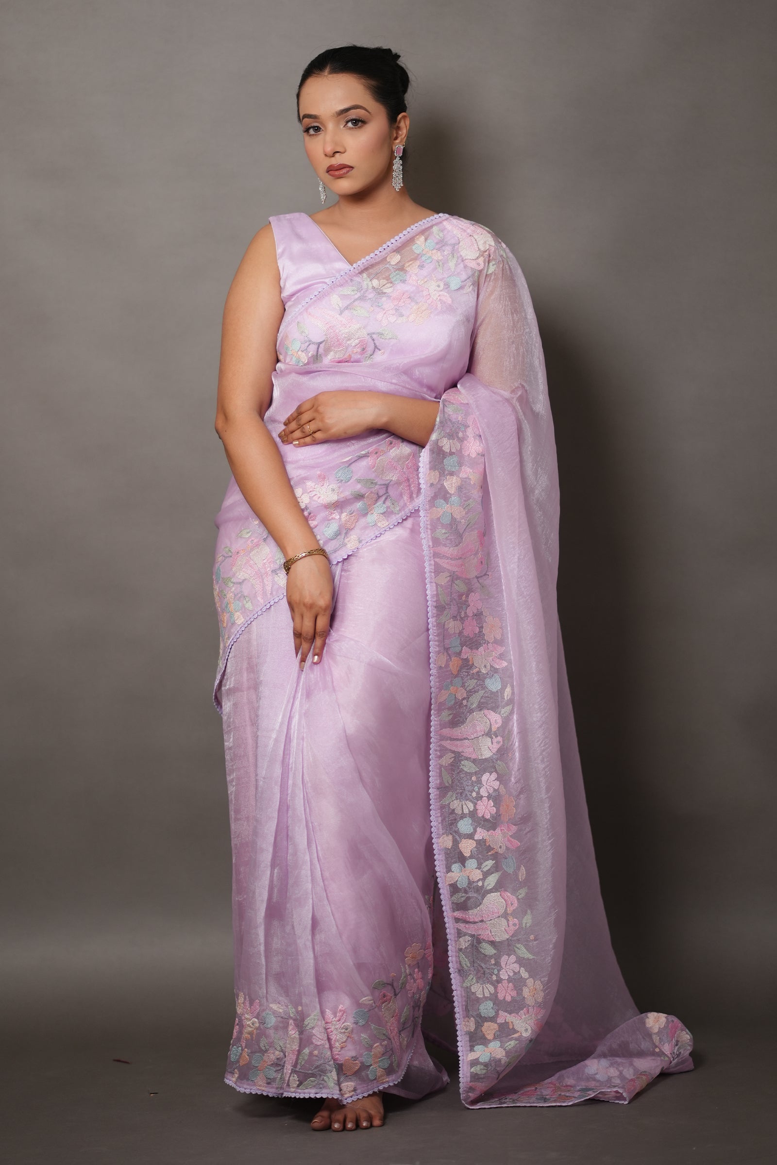 Lavendar Purple Organza Saree with Pastel Floral Thread Work