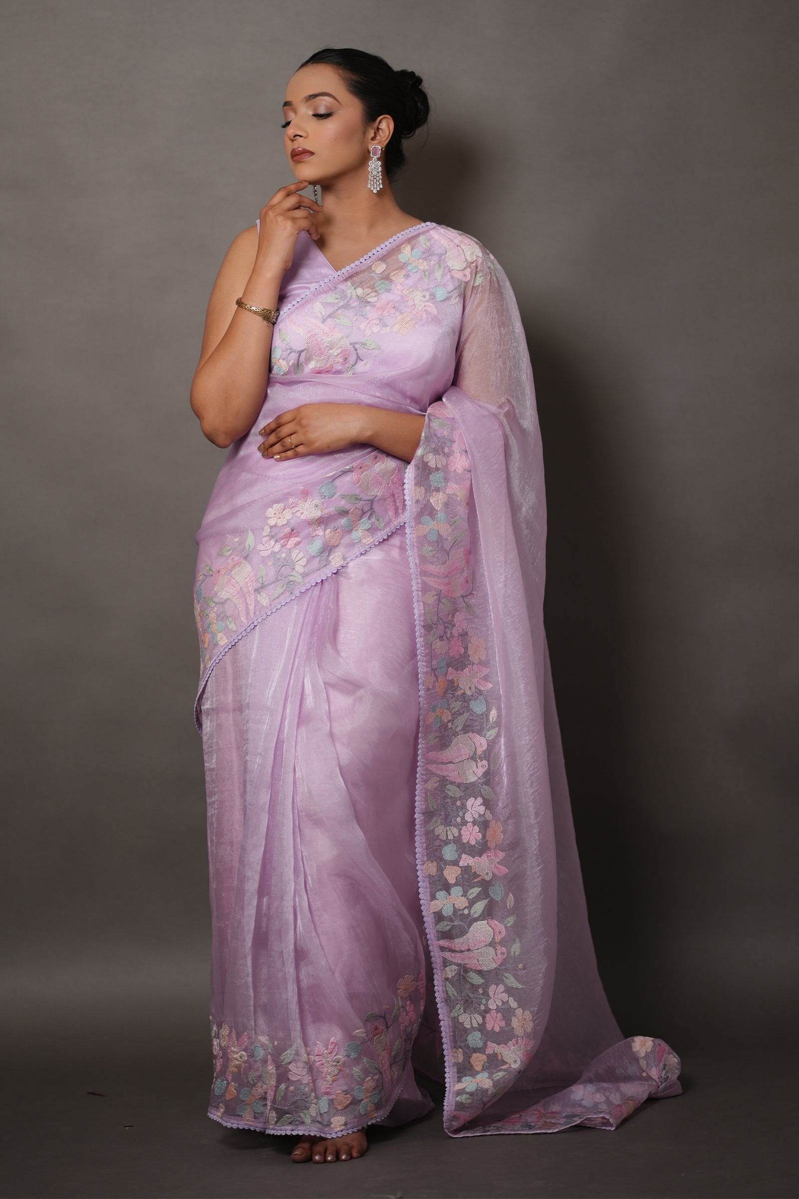 Lavendar Purple Organza Saree with Pastel Floral Thread Work