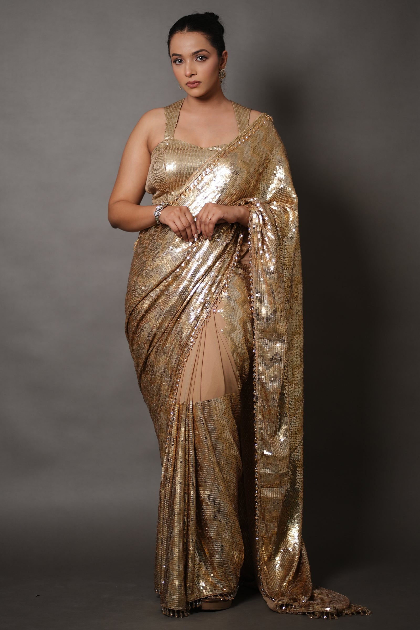 Champagne Gold All-Over Sequin Saree With Ready To Wear Blouse