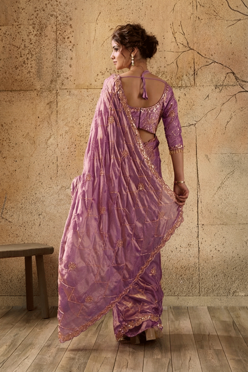 Lavendar Organza Saree with Hand Embroidery with Stitched Blouse