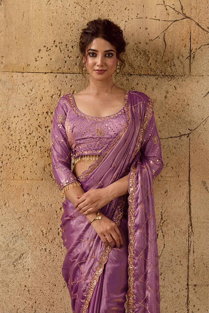 Lavendar Organza Saree with Hand Embroidery with Stitched Blouse