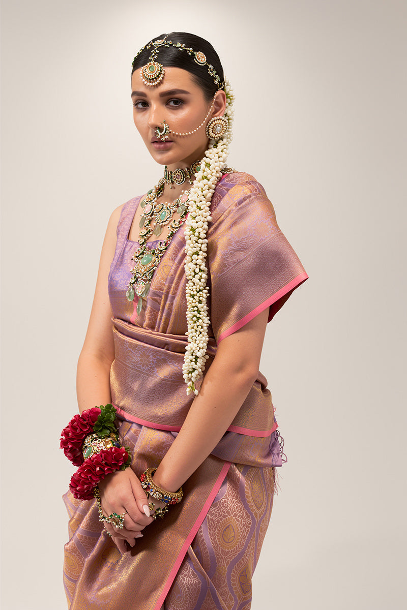 Two-Tone Peach Weaving Silk Saree with Contrast Selvage Border