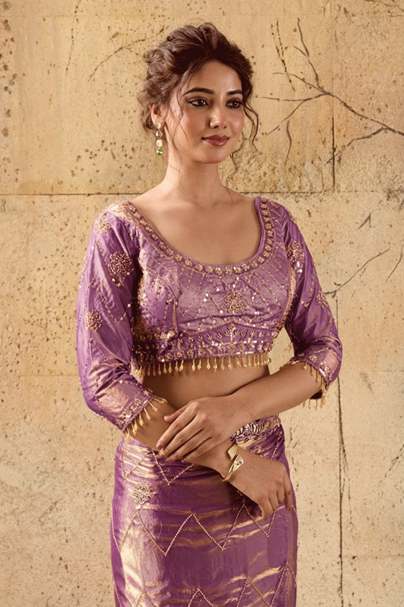 Lavendar Organza Saree with Hand Embroidery with Stitched Blouse