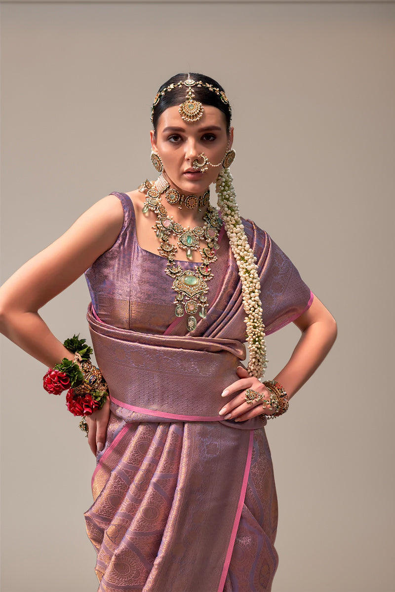 Two-Tone Peach Weaving Silk Saree with Contrast Selvage Border