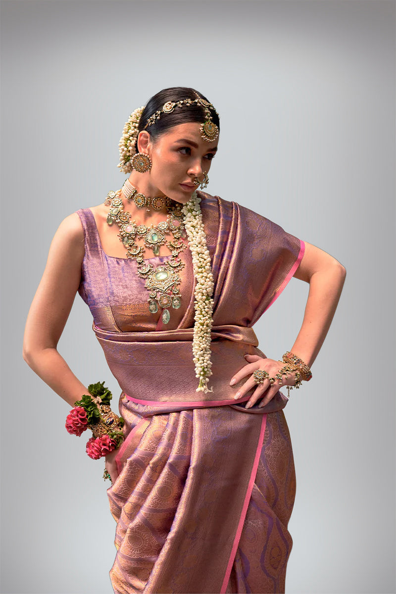 Two-Tone Peach Weaving Silk Saree with Contrast Selvage Border
