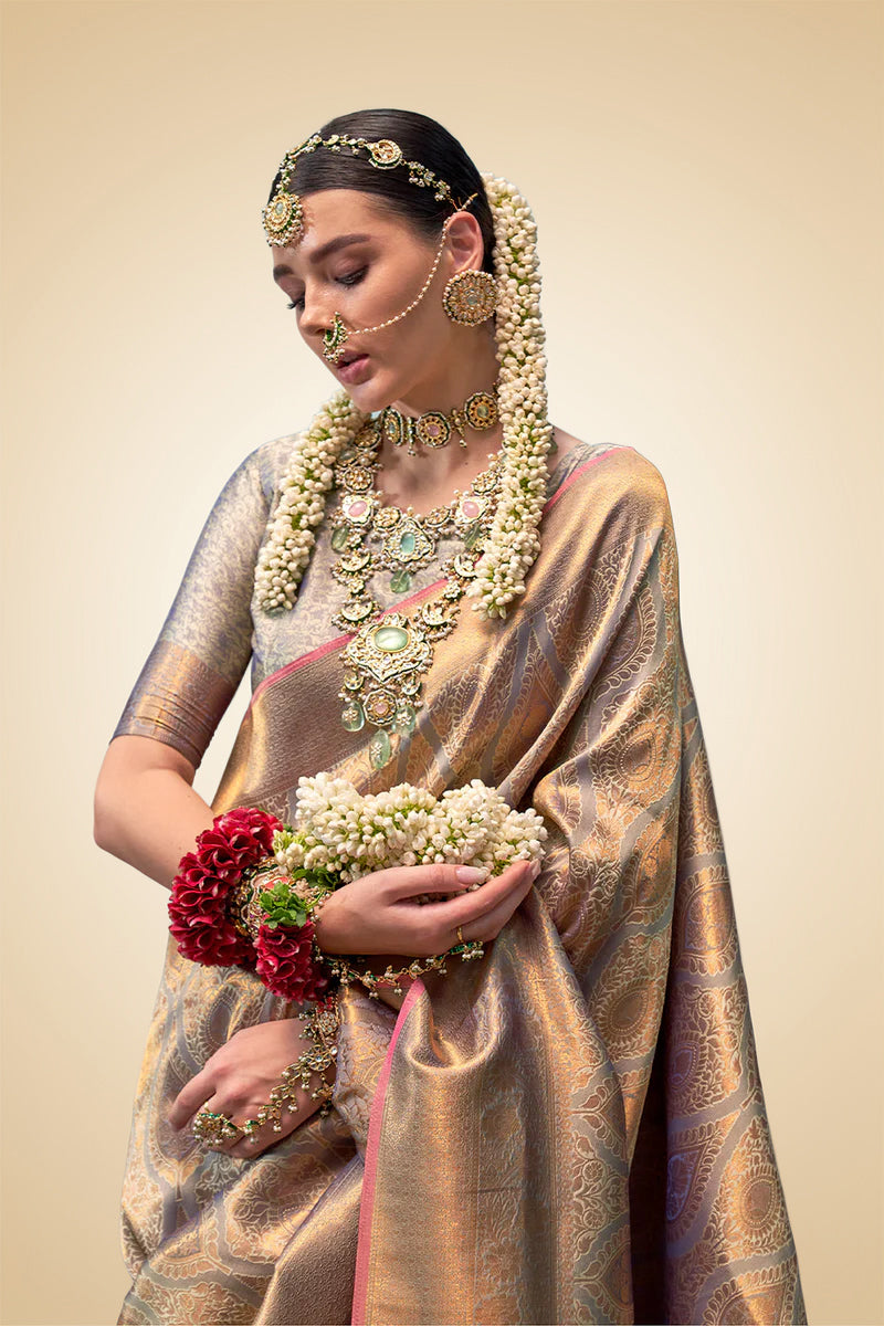 Two-Tone Peach Purple Weaving Silk Saree with Contrast Selvage Border