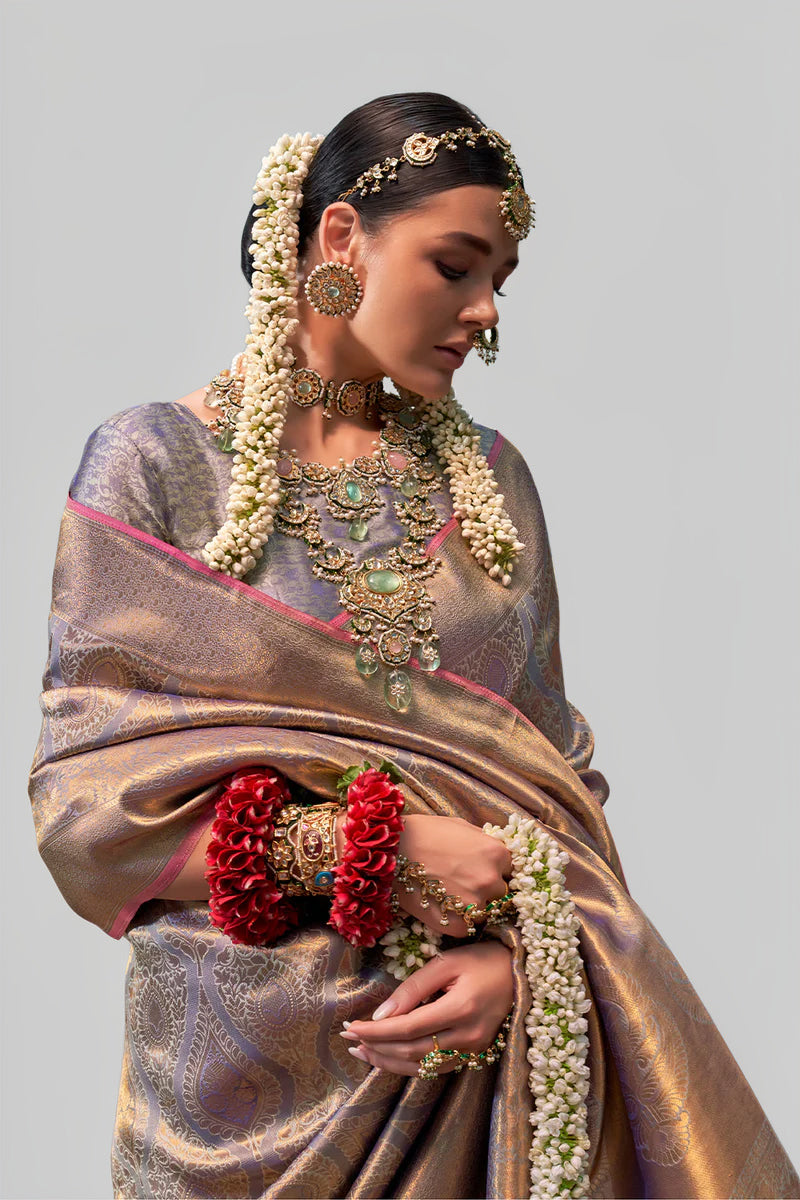 Two-Tone Peach Purple Weaving Silk Saree with Contrast Selvage Border