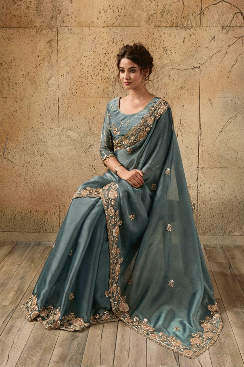 Steel Blue Organza Saree with Floral Hand Embroidery