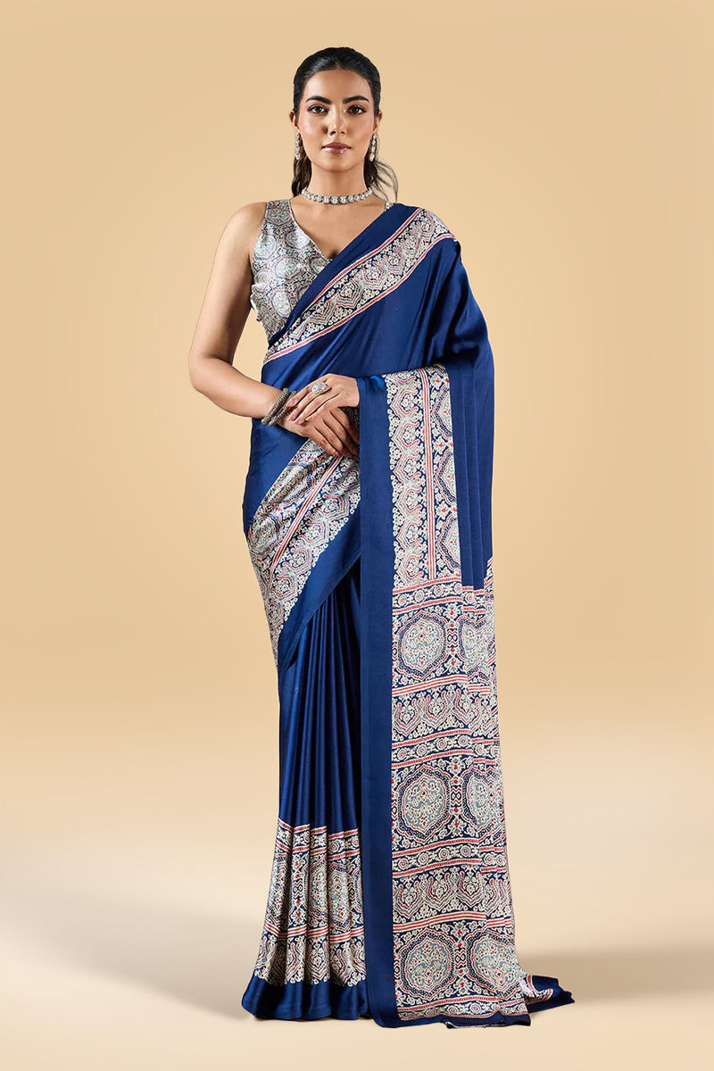 Dark Navy Blue Pure Satin Modal Silk Saree with Ajrakh Print Work