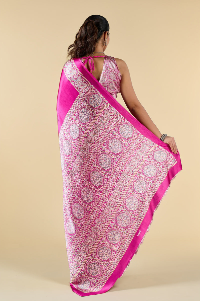 Fushcia Pink Satin Modal Silk Saree with Ajrakh Print