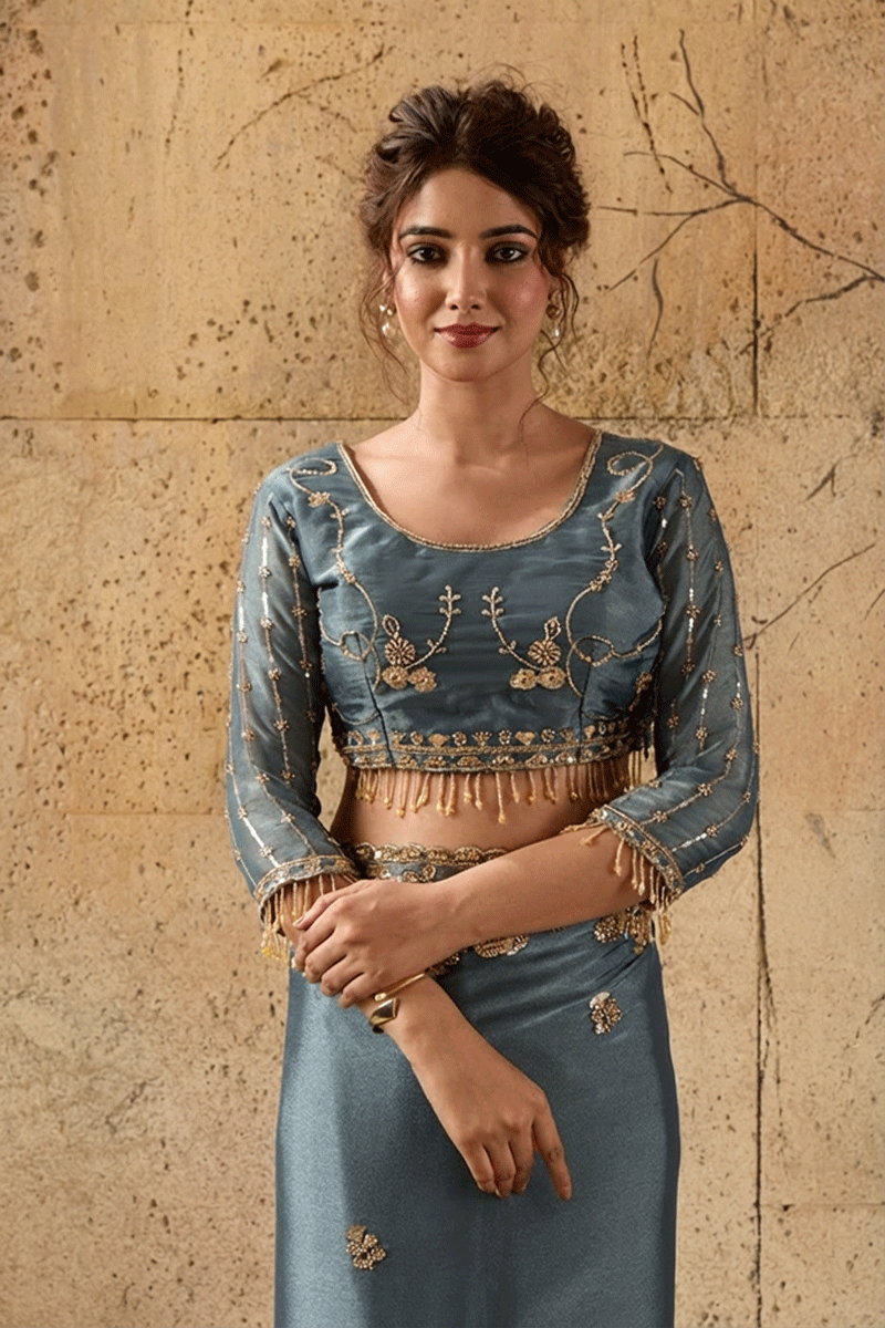 Steel Blue Organza Saree with Floral Hand Embroidery