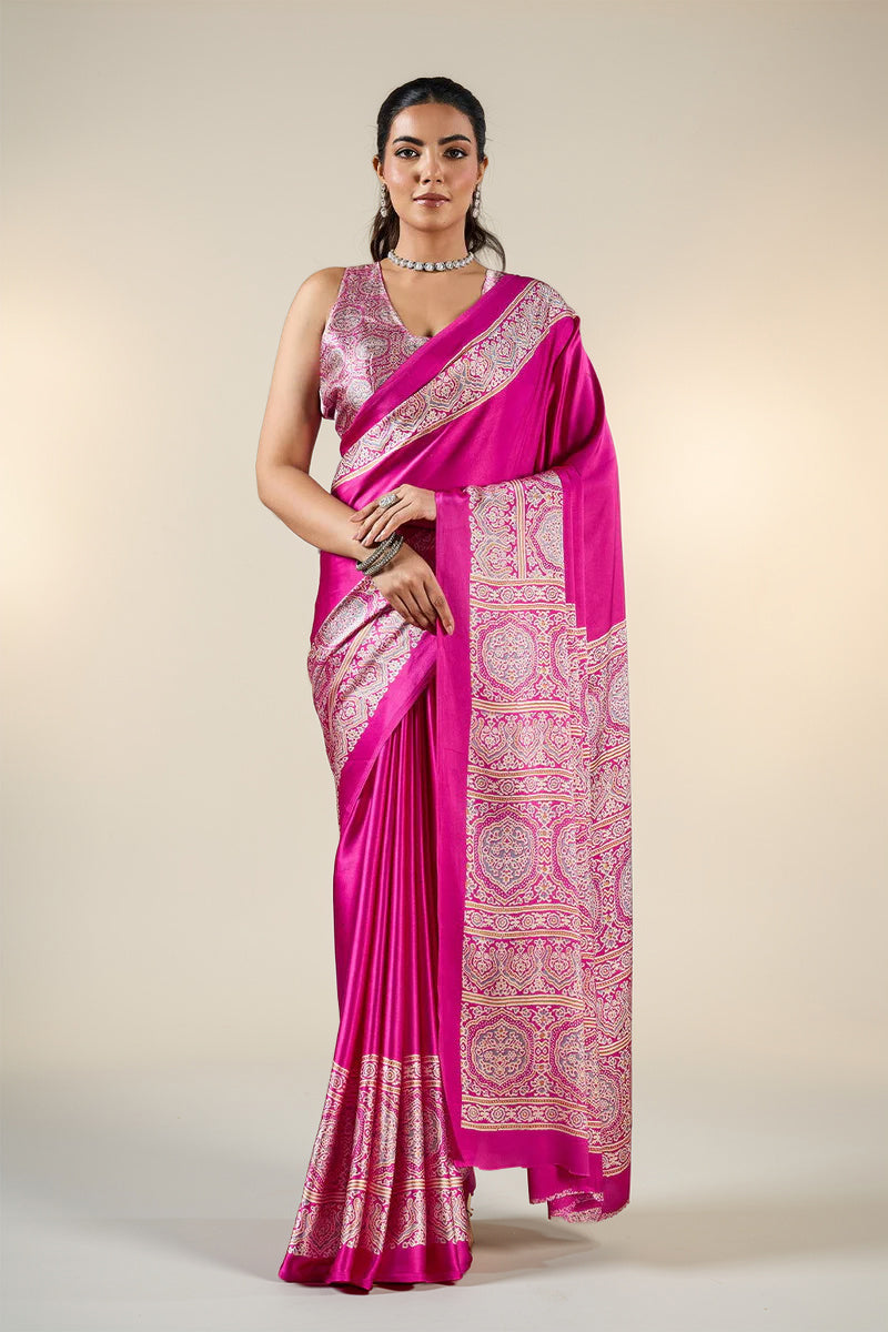 Fushcia Pink Satin Modal Silk Saree with Ajrakh Print