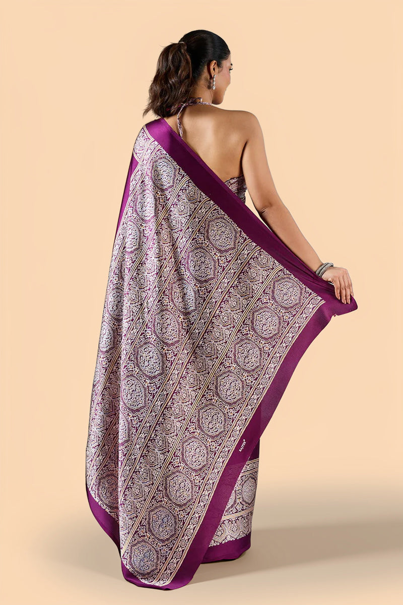 Wine Red Pure Satin Modal Silk Saree with Ajrakh Print
