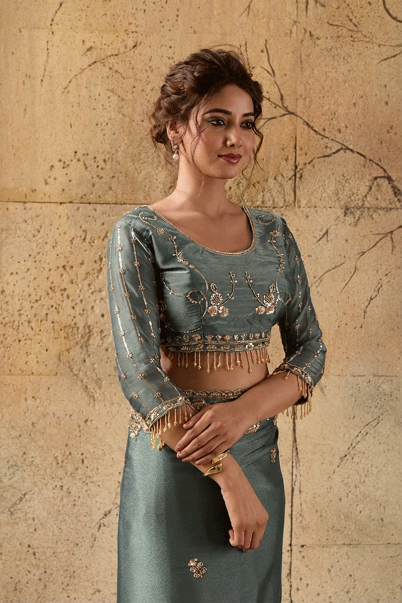 Steel Blue Organza Saree with Floral Hand Embroidery