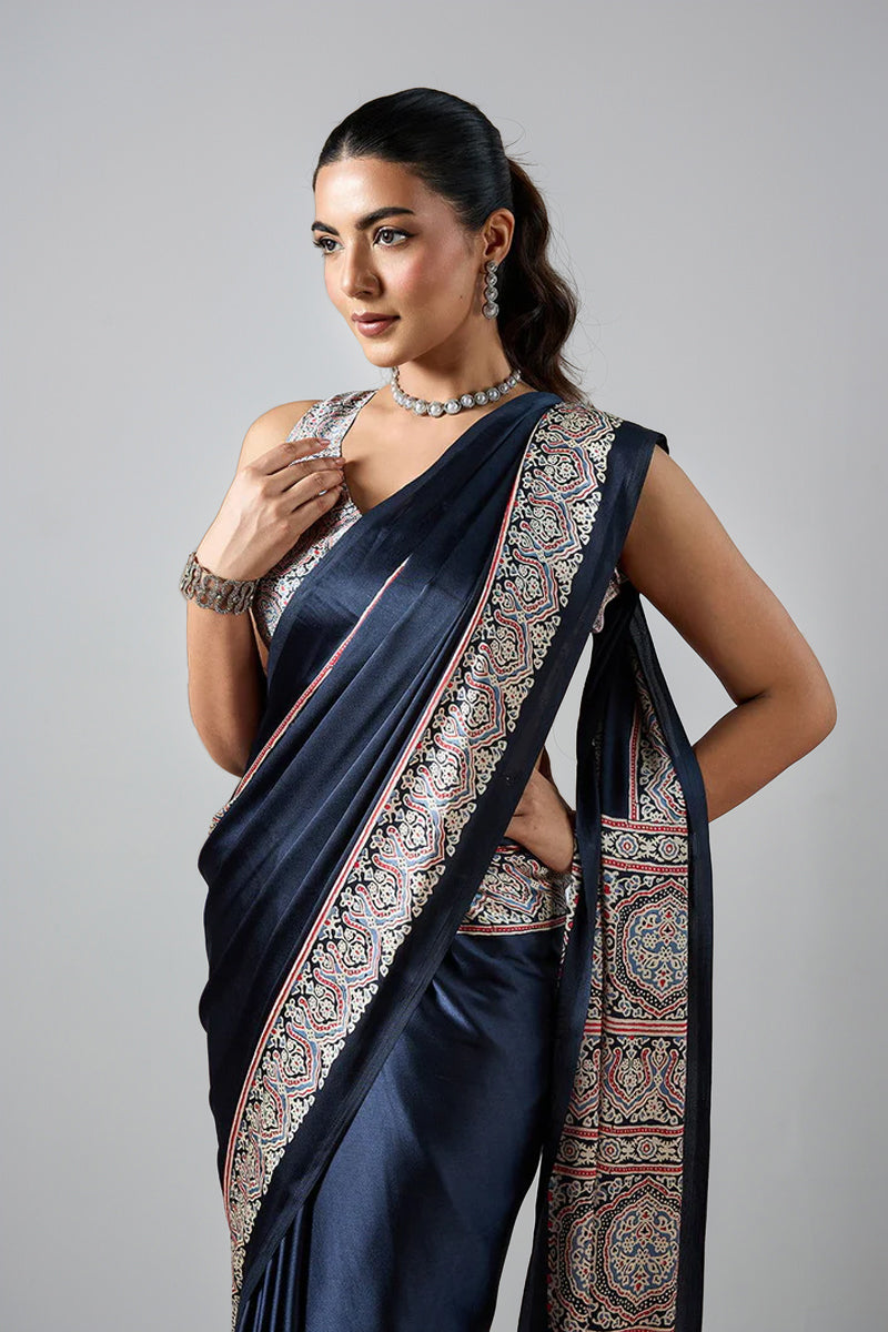 Black Pure Satin Modal Silk Saree with Ajrakh Print