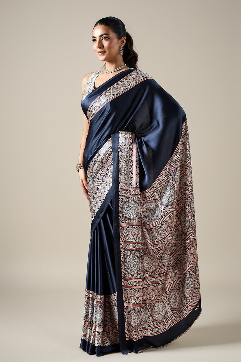Black Pure Satin Modal Silk Saree with Ajrakh Print