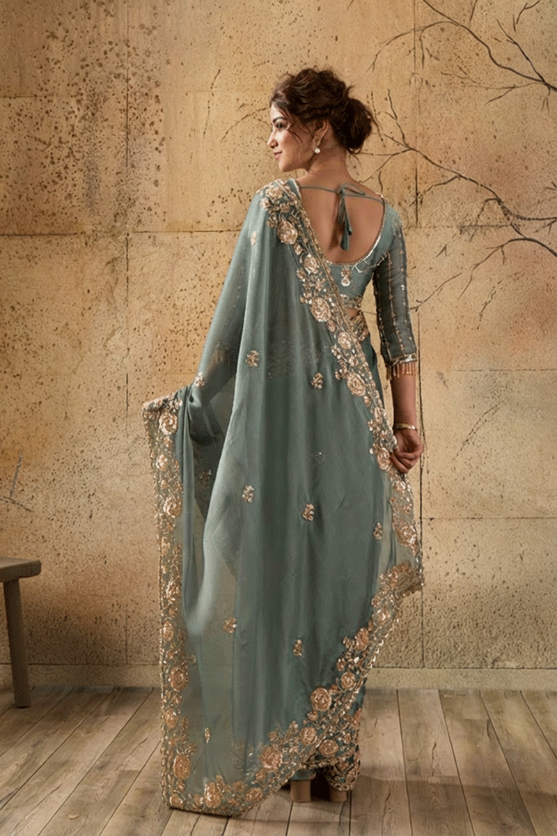 Steel Blue Organza Saree with Floral Hand Embroidery