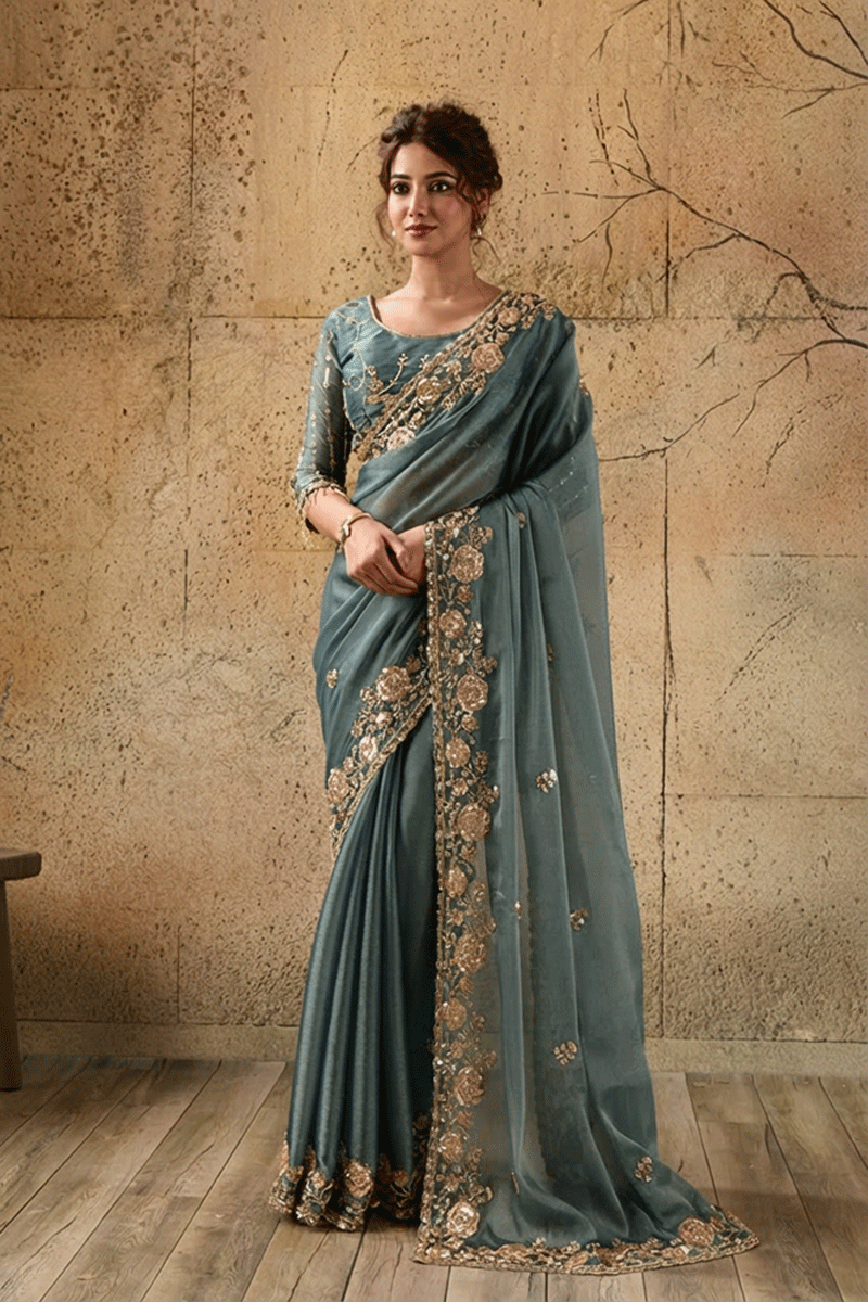 Steel Blue Organza Saree with Floral Hand Embroidery
