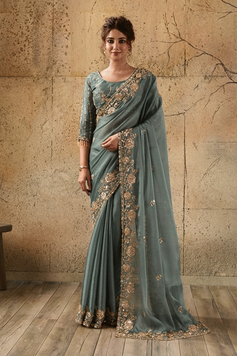 Steel Blue Organza Saree with Floral Hand Embroidery