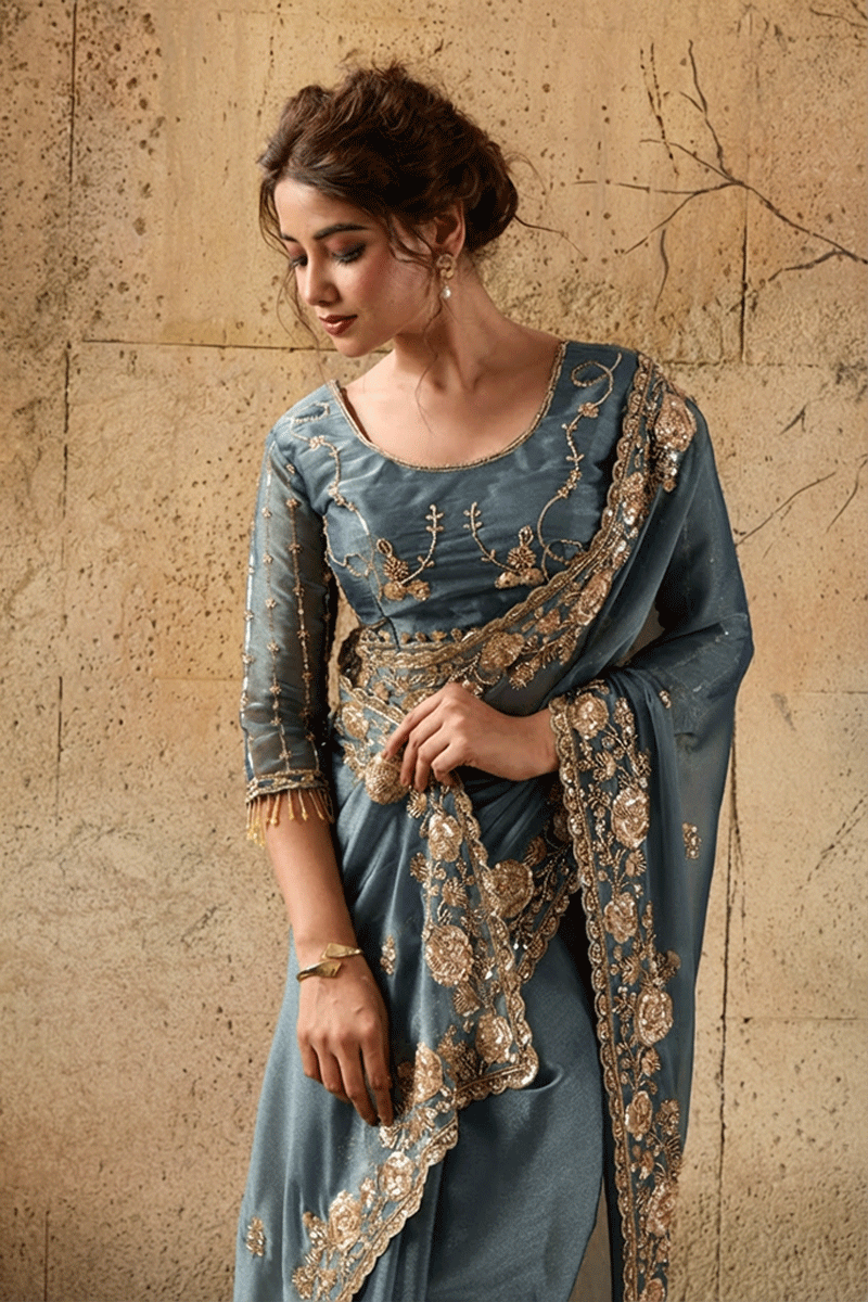 Steel Blue Organza Saree with Floral Hand Embroidery