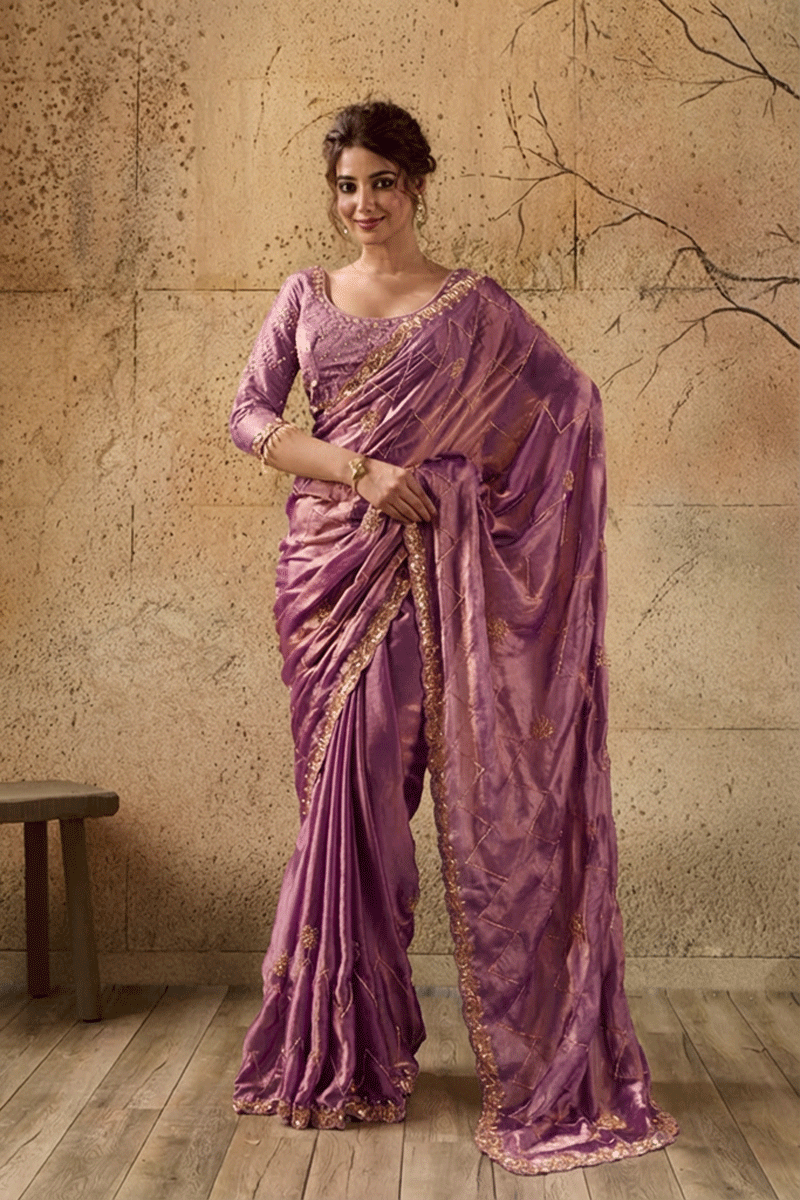 Lavendar Organza Saree with Hand Embroidery with Stitched Blouse