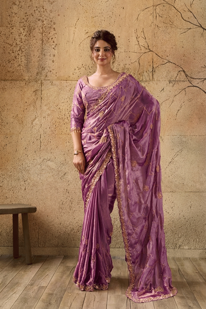 Lavendar Organza Saree with Hand Embroidery with Stitched Blouse