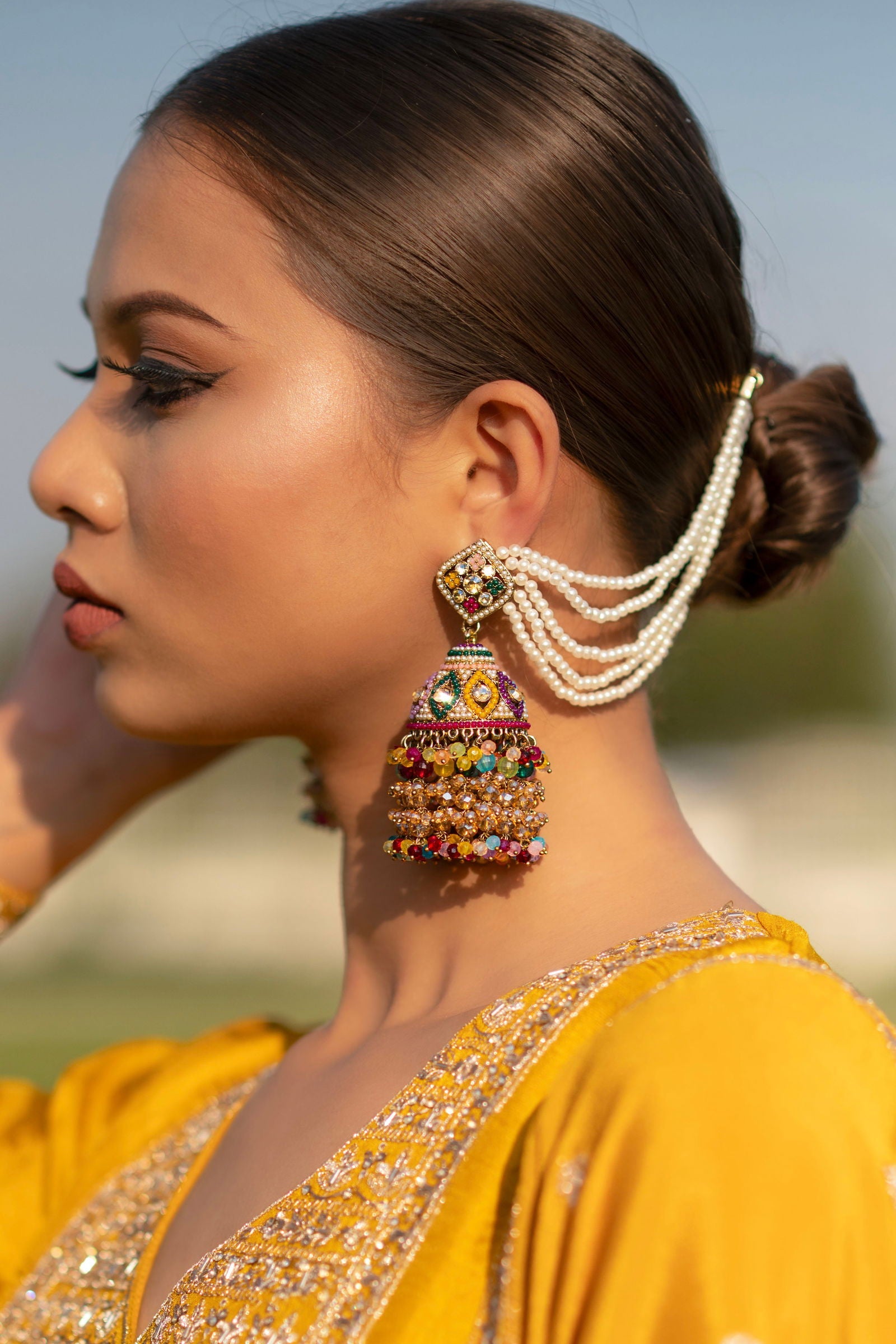 Mayrake Colorful Jhumka Earrings with Attached Back Chain - Mayrake.in