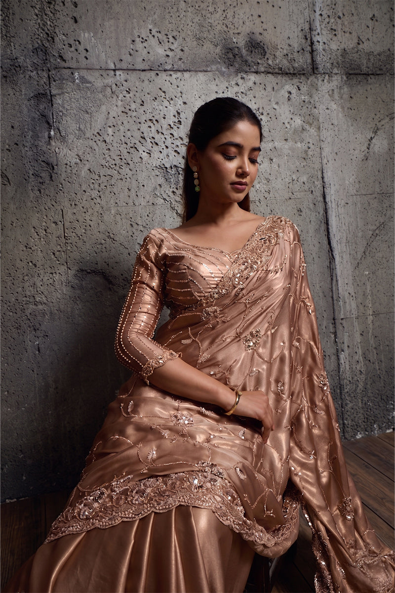 Metallic Rose Gold Silk Saree with Hand EmbroideryWith Stitched Blouse