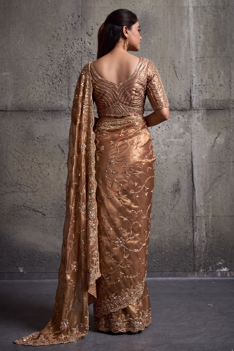 Metallic Rose Gold Silk Saree with Hand EmbroideryWith Stitched Blouse