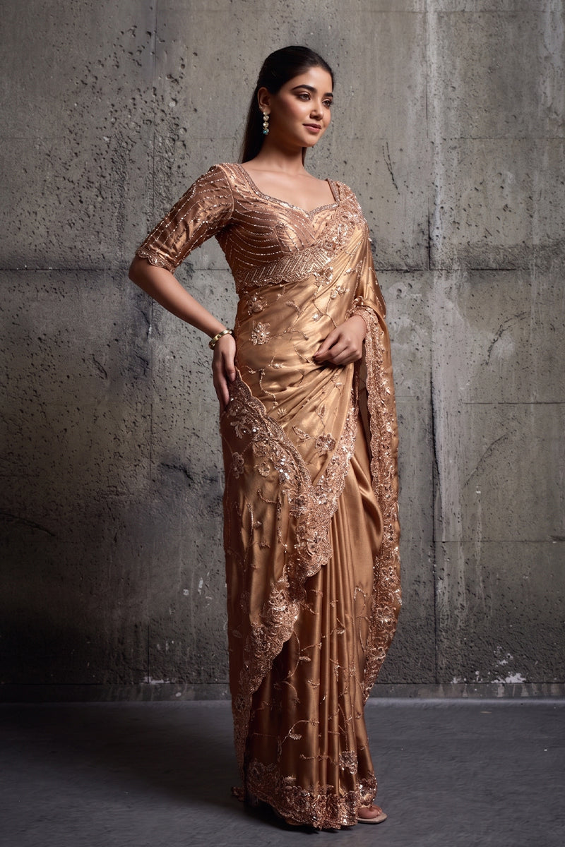 Metallic Rose Gold Silk Saree with Hand EmbroideryWith Stitched Blouse