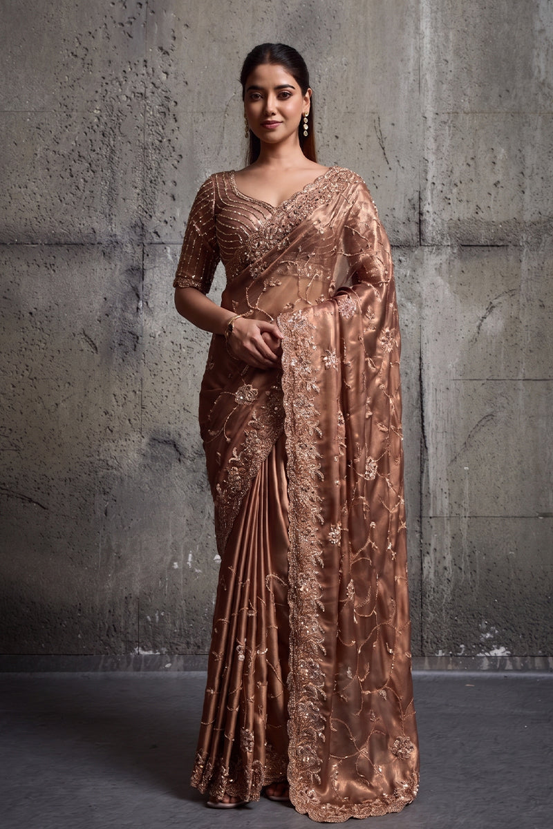 Metallic Rose Gold Silk Saree with Hand EmbroideryWith Stitched Blouse
