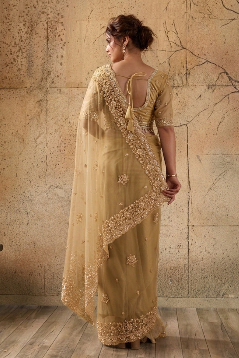 Dark Golden Net Saree with Hand Embroidery with Stitched Blouse