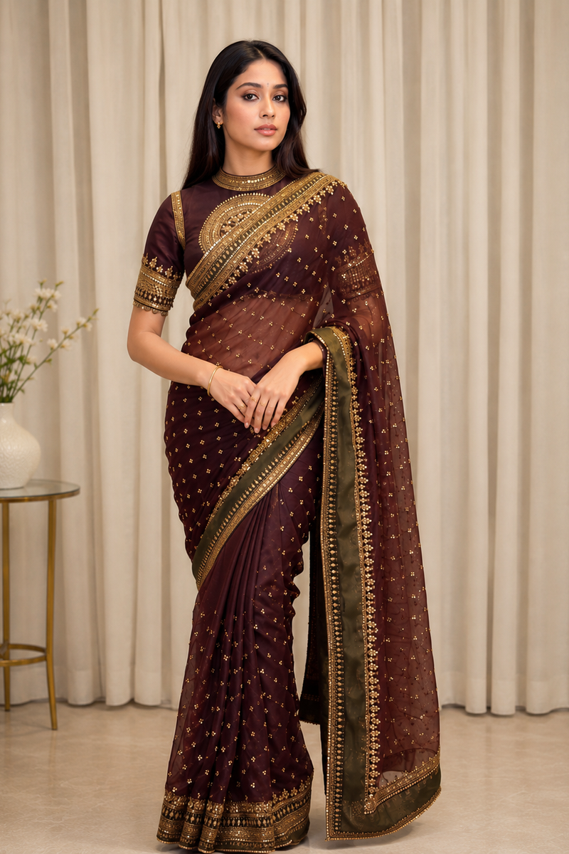 Wine Maroon Organza Saree with Rich Embroidered Gold Border