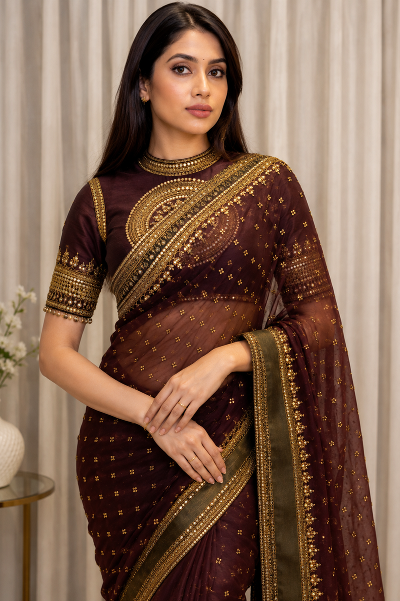 Wine Maroon Organza Saree with Rich Embroidered Gold Border