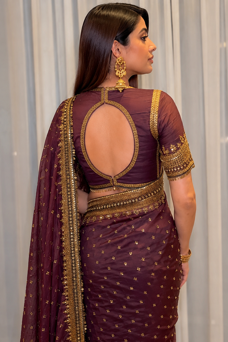 Wine Maroon Organza Saree with Rich Embroidered Gold Border