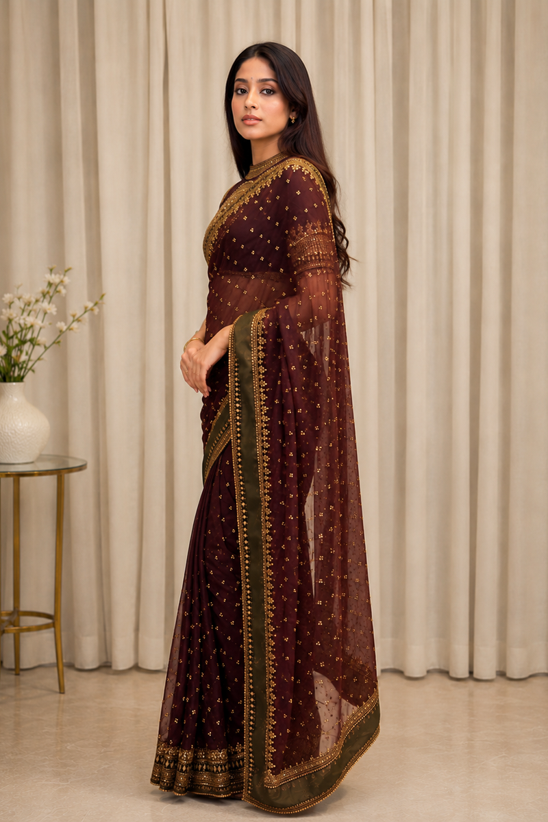 Wine Maroon Organza Saree with Rich Embroidered Gold Border