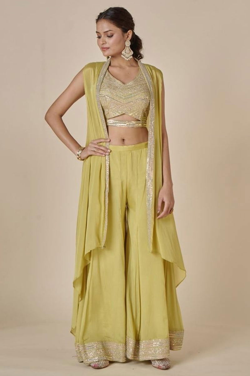 Mehandi Green Embroidered Satin Tank Top with Wide Pants and Full Shrug - Mayrake.in